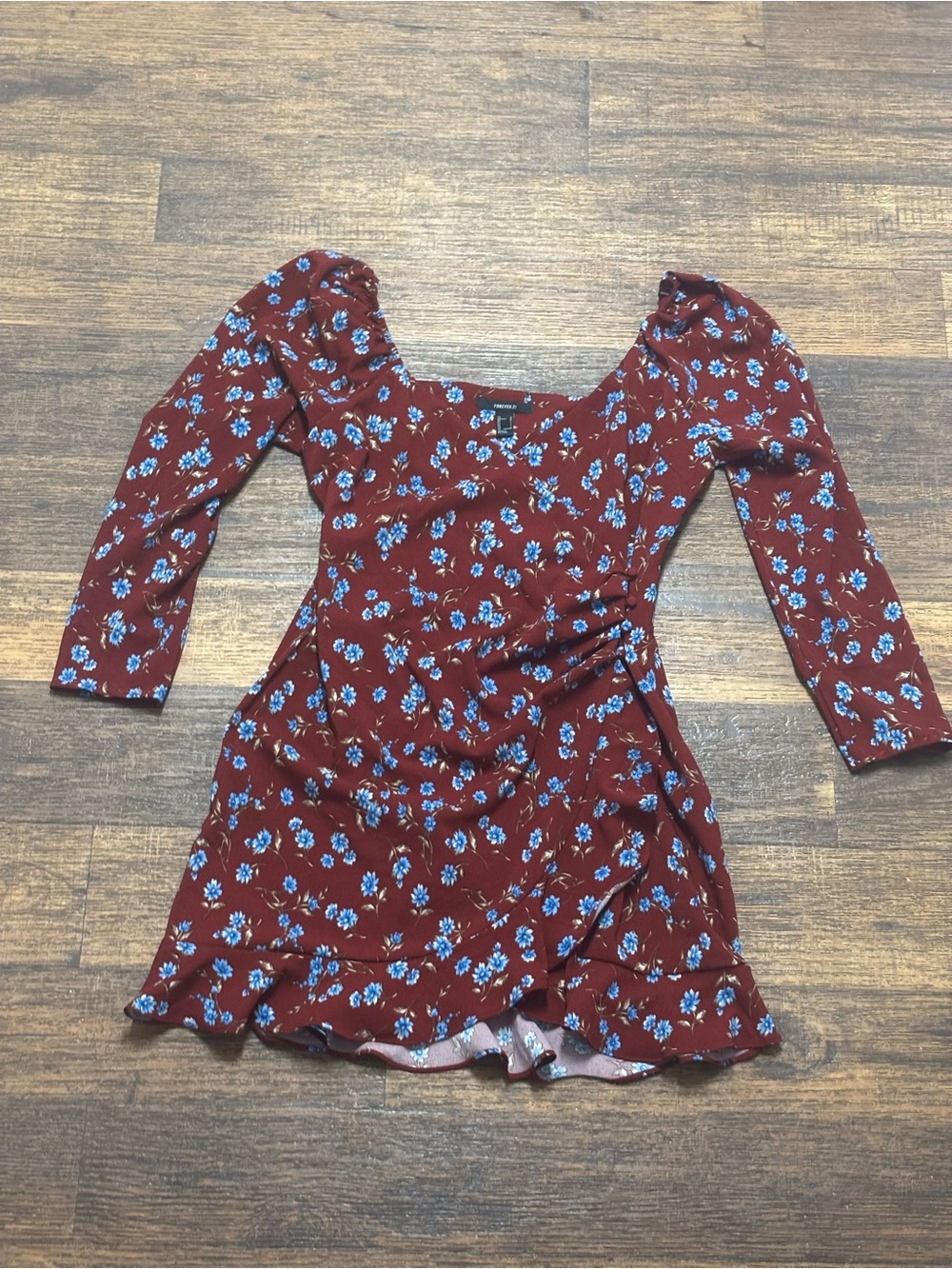 Forever 21 Burgundy Floral Mini Dress with Blue Flowers